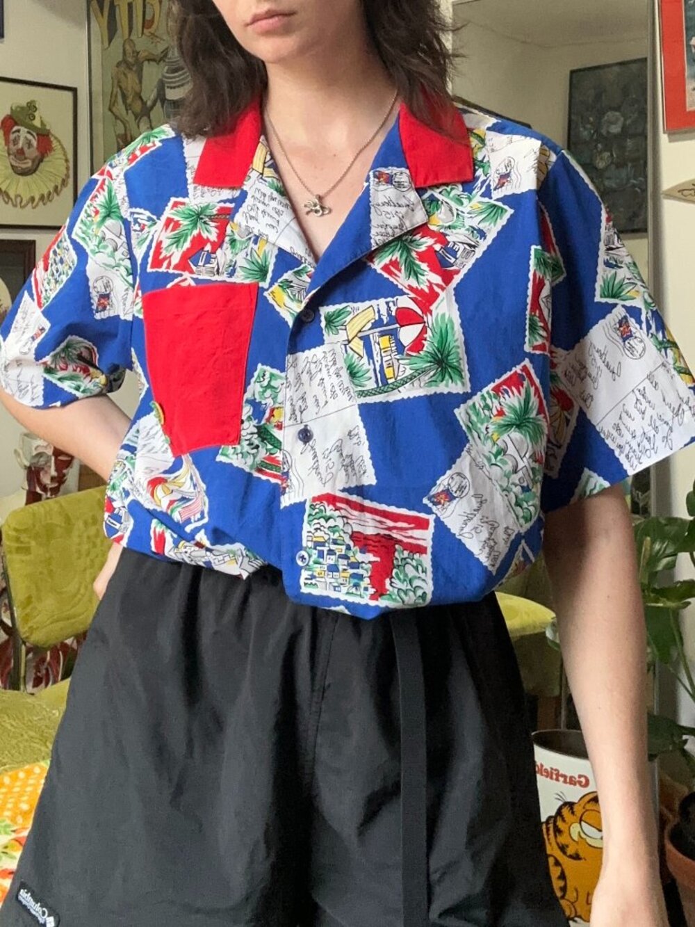 Vintage Koret Hawaiian Blue Button up W/ red collar & pocket